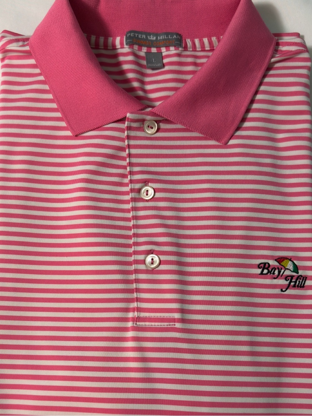 Peter Millar Bay Hill Arnold Palmer Golf Polo Striped Pink White Mens L